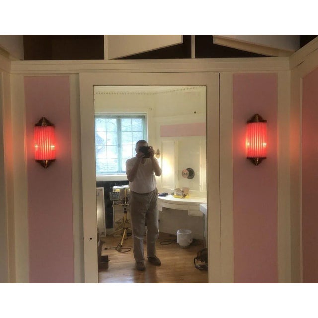 Skyscraper Vintage Art deco light Old Lamp Wall Sconces Fixture Brass & Pink Glass Rod Ship Light Excellent Working...