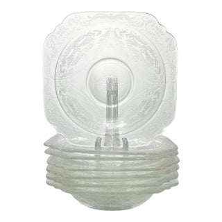 1930s Federal Glass “Madrid, Clear” 7 Etched Glass All Purpose Soup Bowls For Sale