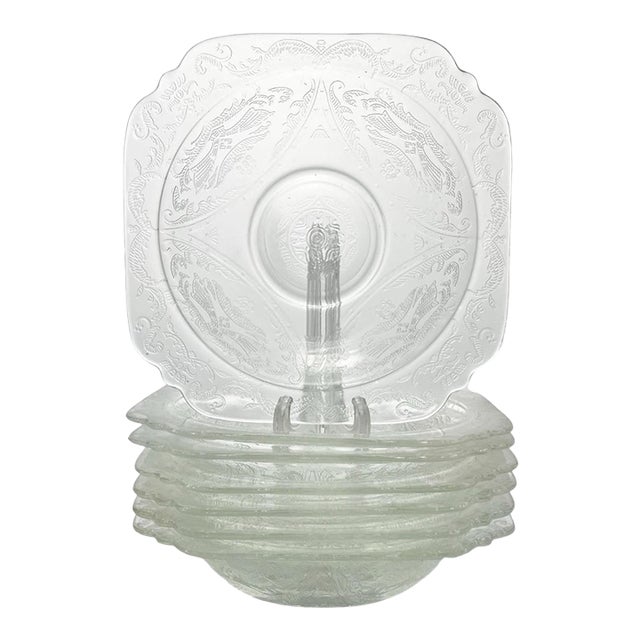 1930s Federal Glass “Madrid, Clear” 7 Etched Glass All Purpose Soup Bowls For Sale