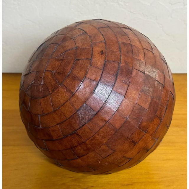 Late 20th Century Vintage Large Basket Weave Leather Clad Wood Decorative Ball Sphere Orb For Sale - Image 5 of 12