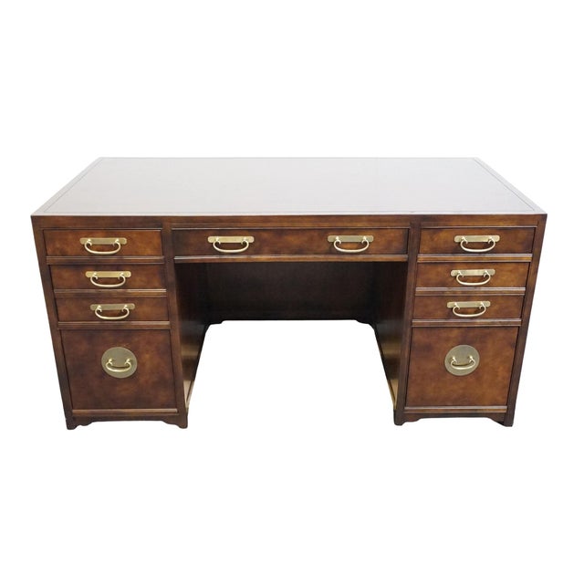 Hollywood Regency Baker Furniture Burled Walnut Asian Ming Chinoiserie 60" Executive Office Desk For Sale - Image 3 of 12