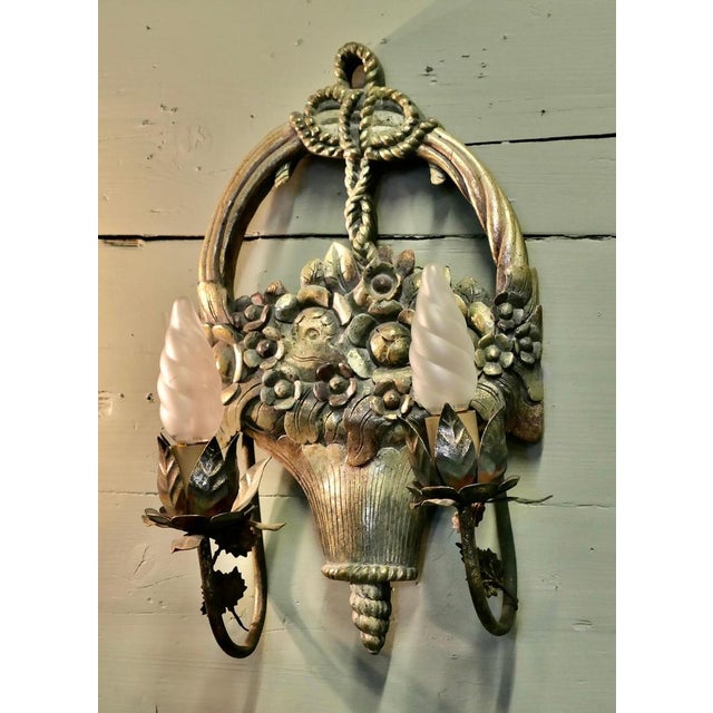 Wood French Carved Flower Basket Wall Lights, 1920, Set of 2 For Sale - Image 7 of 8