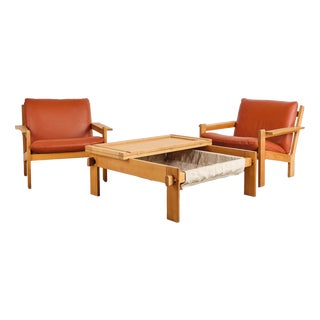 Brutalist Oak and Leather with Lounge Chairs, Ottoman and Coffee Table by Tage Poulsen, Denmark, 1960s, Set of 4 For Sale