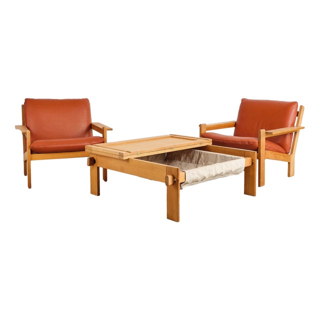 Brutalist Oak and Leather with Lounge Chairs, Ottoman and Coffee Table by Tage Poulsen, Denmark, 1960s, Set of 4 For Sale