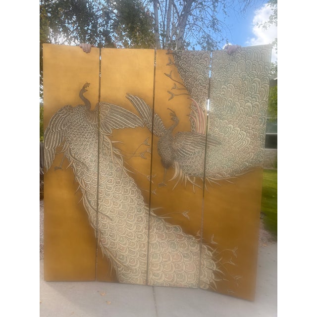 Art Nouveau Folding Screen With Gold Foil and Peacocks Attributed to Maitland Smith For Sale - Image 3 of 6