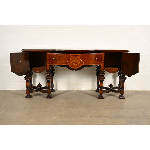 1920s Antique Victorian Renaissance Revival Carved Mahogany Inlaid Marquetry Sideboard by Rockford Furniture, Circa 1920s For Sale - Image 5 of 18