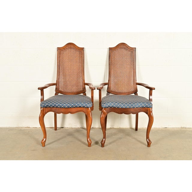 Baker Furniture Style French Provincial Louis XV Carved Walnut and Cane Back Armchairs, Pair For Sale - Image 14 of 14