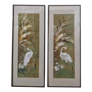 Japanese Original Egret Art Paintings - a Pair For Sale