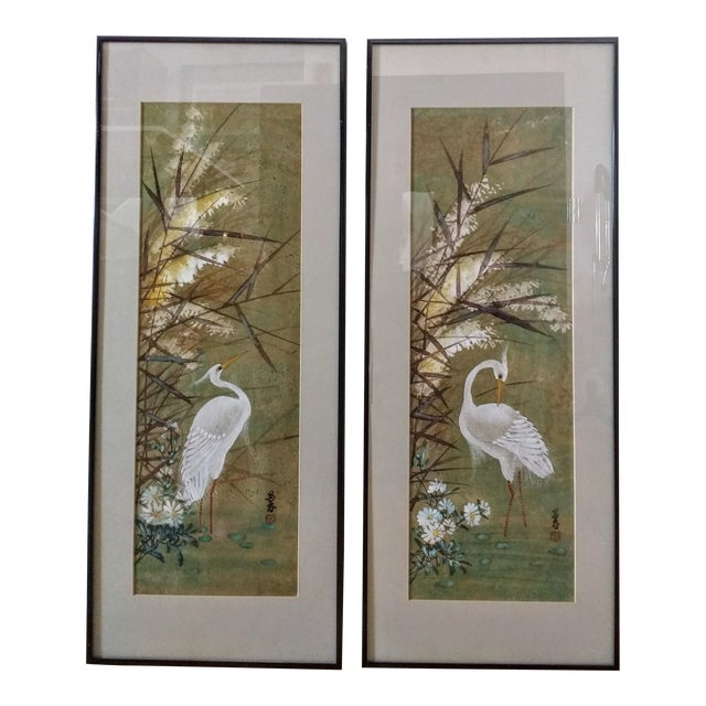 Japanese Original Egret Art Paintings a Pair Chairish