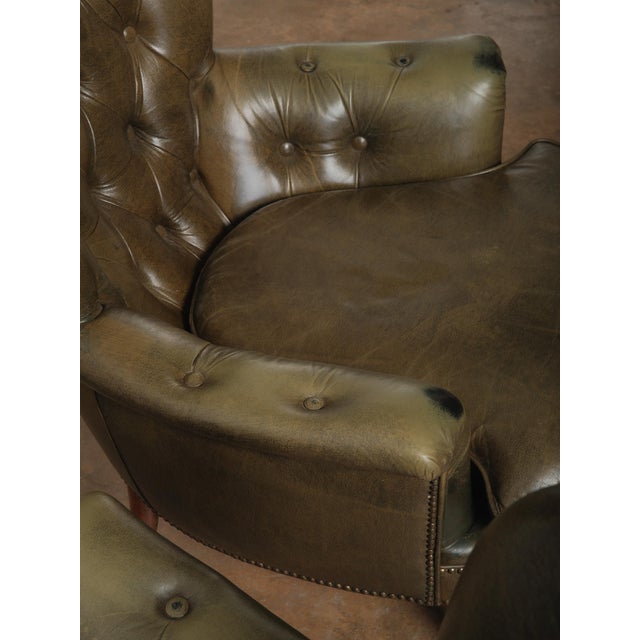 Pair of Vintage Tufted Leather Club Chairs With Brass Casters and Turned Legs For Sale - Image 4 of 6