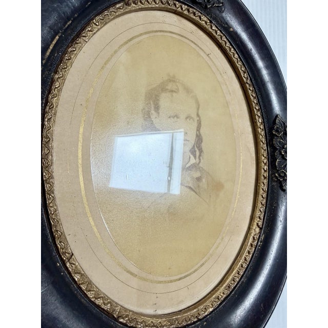 Antique Oval Deep Dark Wood Picture Frame Gold Floral Detail With Photo of a Girl 12x14” For Sale - Image 9 of 13