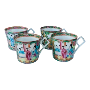 19th C. Chinese Rosé Medallion Tea Cups, Set of 4