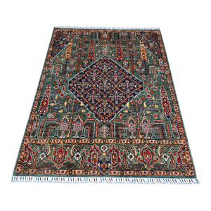 Green Persian Qashqai Cypress Tree Hand-Knotted Wool Rug - 5' X 6'6