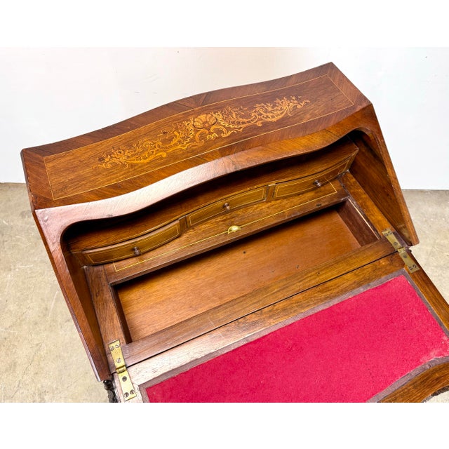 Antique French Louis XV Style Ormolu Mounted Marquetry Inlaid Slant Front Ladies Desk For Sale - Image 9 of 12