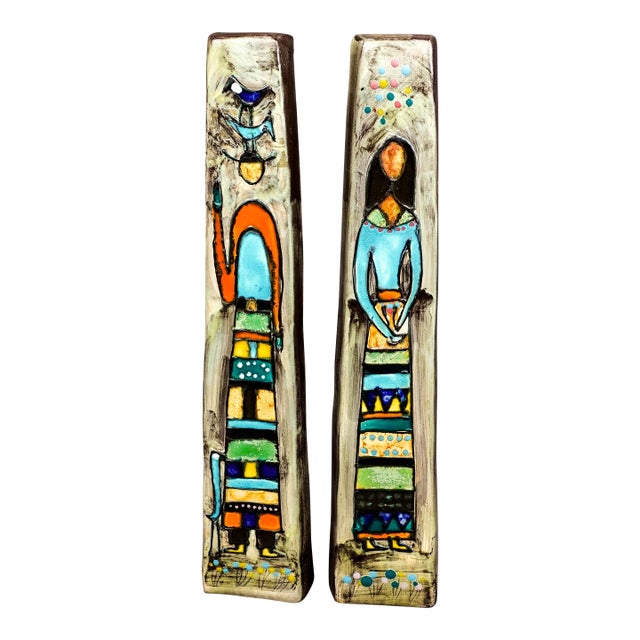 Pair of Harris G Strong Signed Mid Century Figural Ceramic Wall Hanging Art Tile For Sale
