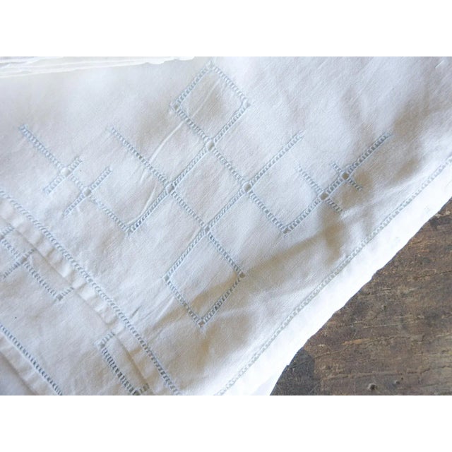 Vintage White and Pale Blue Openwork Luncheon Tablecloth and Napkins For Sale - Image 4 of 10