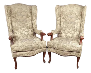 Antique Bergere Armchairs in Floral Fabric, Set of 2
