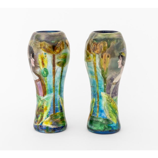 Pair of Camille Faure (French, 1874-1956) Attributed Art Nouveau Enamel Portrait Vases, early 20th century, each depicting...