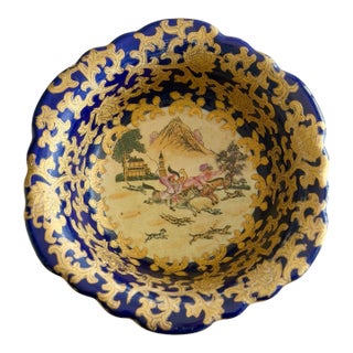 Antique Chinese Three Footed Porcelain Bowl, Cobalt and Gilt Chinoiserie Fox Hunt Scene, Qianlong Style For Sale