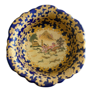 Antique Chinese Three Footed Porcelain Bowl, Cobalt and Gilt Chinoiserie Fox Hunt Scene, Qianlong Style