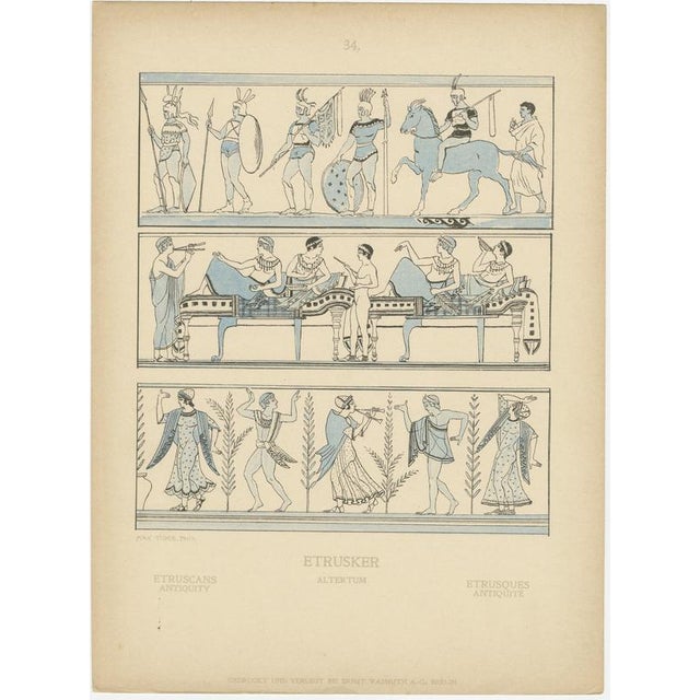 Etruscan antiquity plate with warriors, banquet and dancers, wasmuth c.1910 : this original early 20th-century plate...