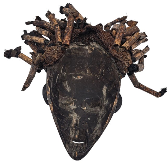 Wood Authentic Chokwe Chikunga Mask With Bamboo Headdress, Hand-Carved Congo Wood Tribal Art For Sale - Image 7 of 7