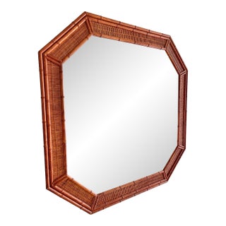 Large Vintage Faux Bamboo & Wicker Octagonal Wall Mirror – Hollywood Regency Coastal Style, Circa 1970s For Sale
