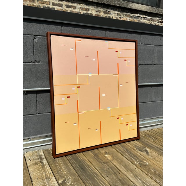 Vintage geometric oil painting on canvas by Julius Kramer (1920-2020). Signed on back. Newly framed in a beautiful walnut...