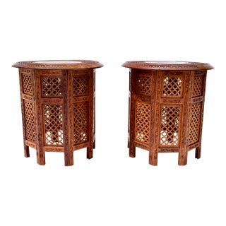 Anglo-Indian Hand-Carved Teak Stands, Pair With Brass Inlays, 1950s For Sale
