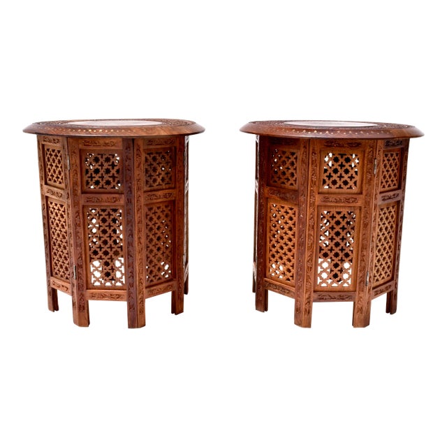 Anglo-Indian Hand-Carved Teak Stands, Pair With Brass Inlays, 1950s For Sale