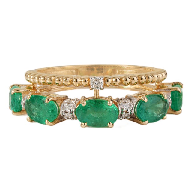 Vintage-Style 2.18ct Oval Emerald & Diamond Double Band Ring in 14k Gold Size 8 For Sale