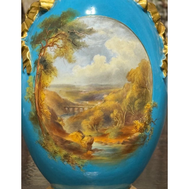 Royal Worcester Antique Royal Worcester Gilt & Turquoise English Landscape Reticulated Vase, Aesthetic Period 1873 For Sale - Image 4 of 10