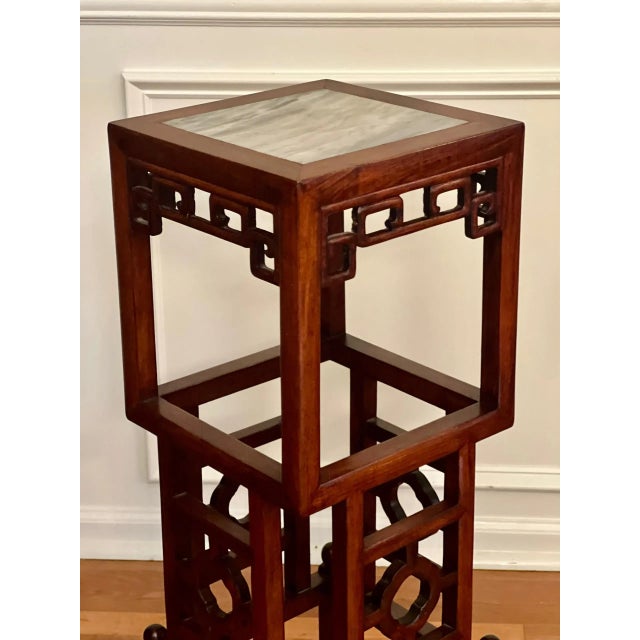 20th Century Chinese Square Carved Rosewood Pedestal Stand With Marble Top For Sale In Philadelphia - Image 6 of 12
