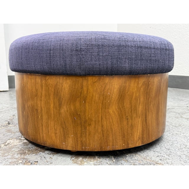 Contemporary West Elm Round Upholstered Storage Ottoman For Sale - Image 3 of 12