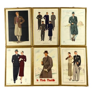 La Moda Maschile, Set of 6 Framed Original Illustrations of Mens Fashion 30s, Italy, 1920s For Sale
