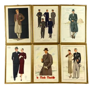 La Moda Maschile, Set of 6 Framed Original Illustrations of Mens Fashion 30s, Italy, 1920s