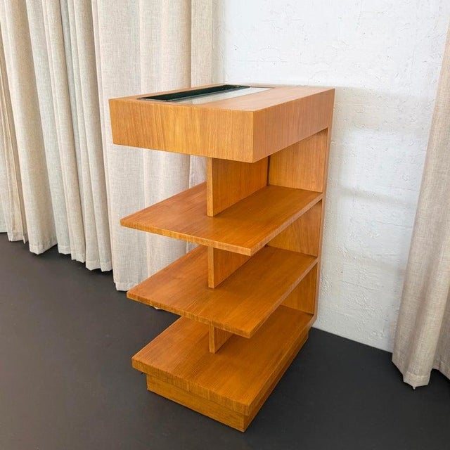 1940s Tiered Art Deco Satinwood Side Shelving Unit With Built-in Lighting For Sale - Image 4 of 10