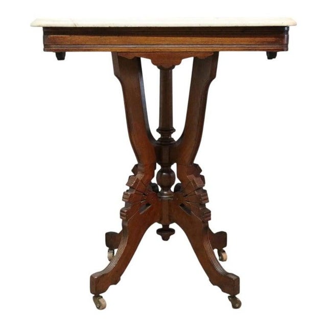 Antique Eastlake Carved Walnut Square Marble Top Table C1890 For Sale - Image 10 of 11