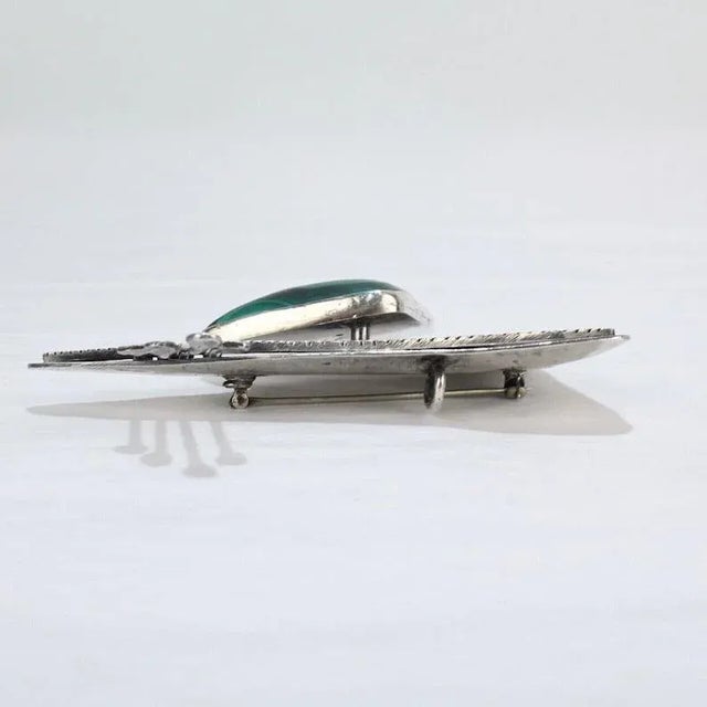 Metal Ed Wiener Sterling Silver & Malachite Midcentury Modernist Brooch / Pendant For Sale - Image 7 of 10