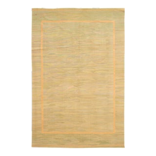 2010s Modern Flatweave Kilim Wool Rug Handmade With Green & Beige Color Design For Sale