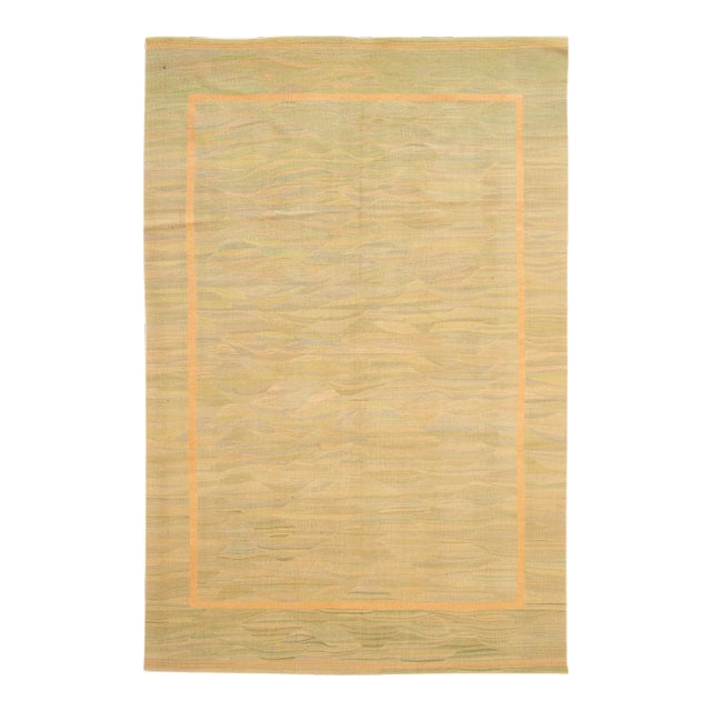 2010s Modern Flatweave Kilim Wool Rug Handmade With Green & Beige Color Design For Sale