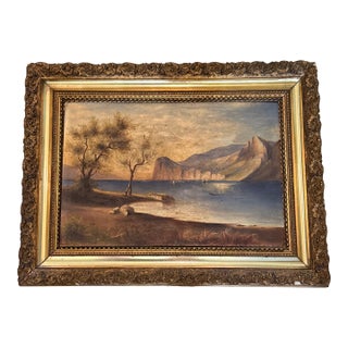 Antique 19th Century Oil Painting — Mediterranean Coastal Landscape With Olive Trees and Cliffs — Original Carved Gilt Frame For Sale
