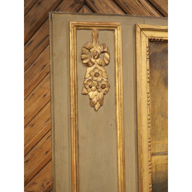 Late 19th Century Antique French Gray Painted and Giltwood Louis XVI Style Trumeau Mirror, C. 1880 For Sale - Image 5 of 18