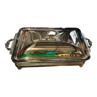 Vintage Silver Metal Footed Serving Dish With Lid and Glass Inlay For Sale