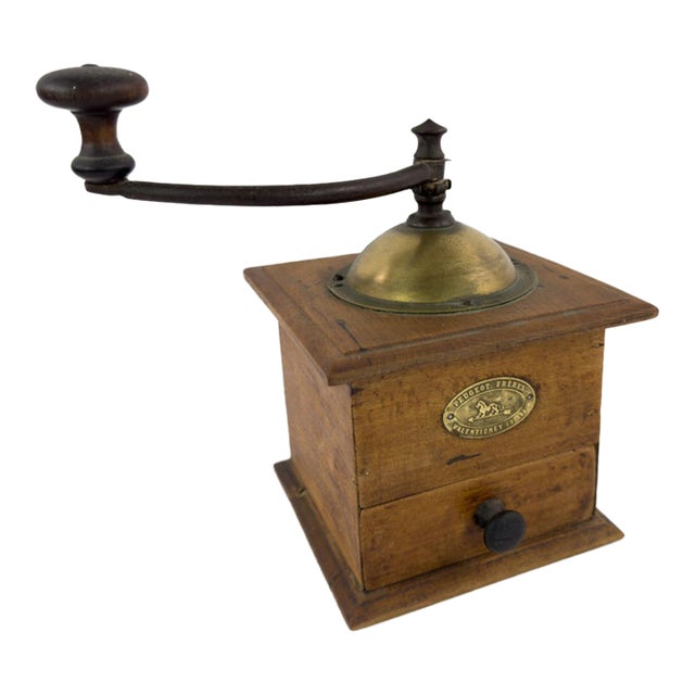 Antique French Peugeot Frères Wooden Coffee Grinder With Brass Hopper – Early 20th Century For Sale