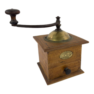 Antique French Peugeot Frères Wooden Coffee Grinder With Brass Hopper – Early 20th Century