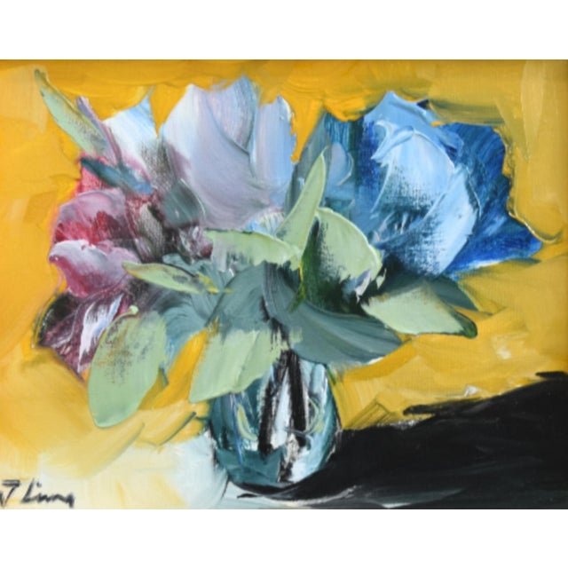 Abstract Colorful Bouquet of Flowers Oil Painting Including the Antiqued Gold Wood Frame For Sale - Image 3 of 5