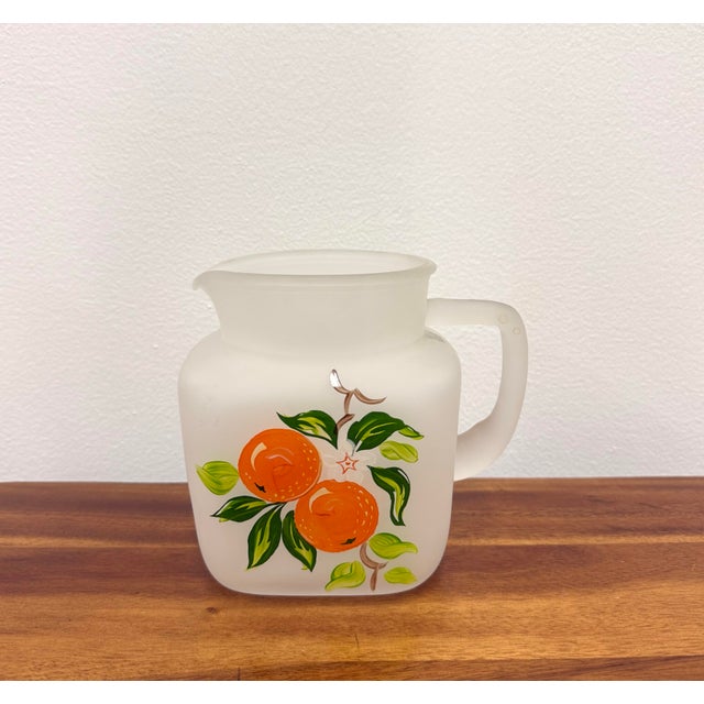 Mid-Century Modern Vintage Frosted Glass Orange Juice Pitcher & Tumbler Set of 6 For Sale - Image 3 of 6