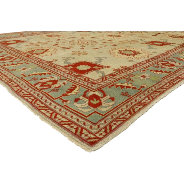 Antique Turkish Oushak Rug with Mediterranean Style 09'00 X 12'02. Showcasing a timeless design and beguiling beauty, this...