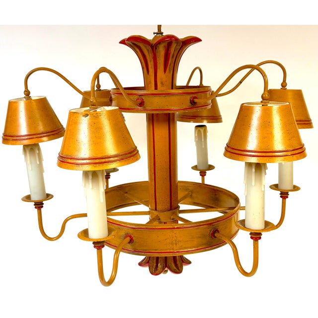 Mid 20th Century Hollywood Regency Ochre Japanned Faux Bamboo Tole Six-Light Chandelier For Sale - Image 18 of 18